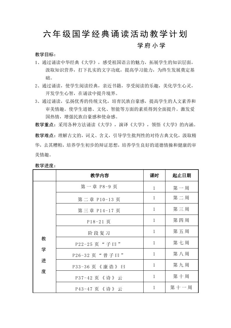 六年级国学经典诵读活动教学计划