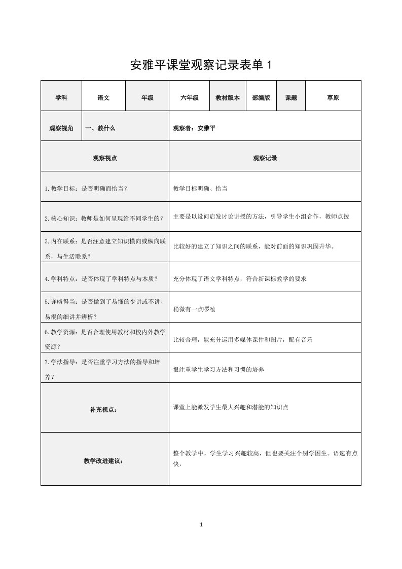 安雅平课堂观察记录表单（分四项）