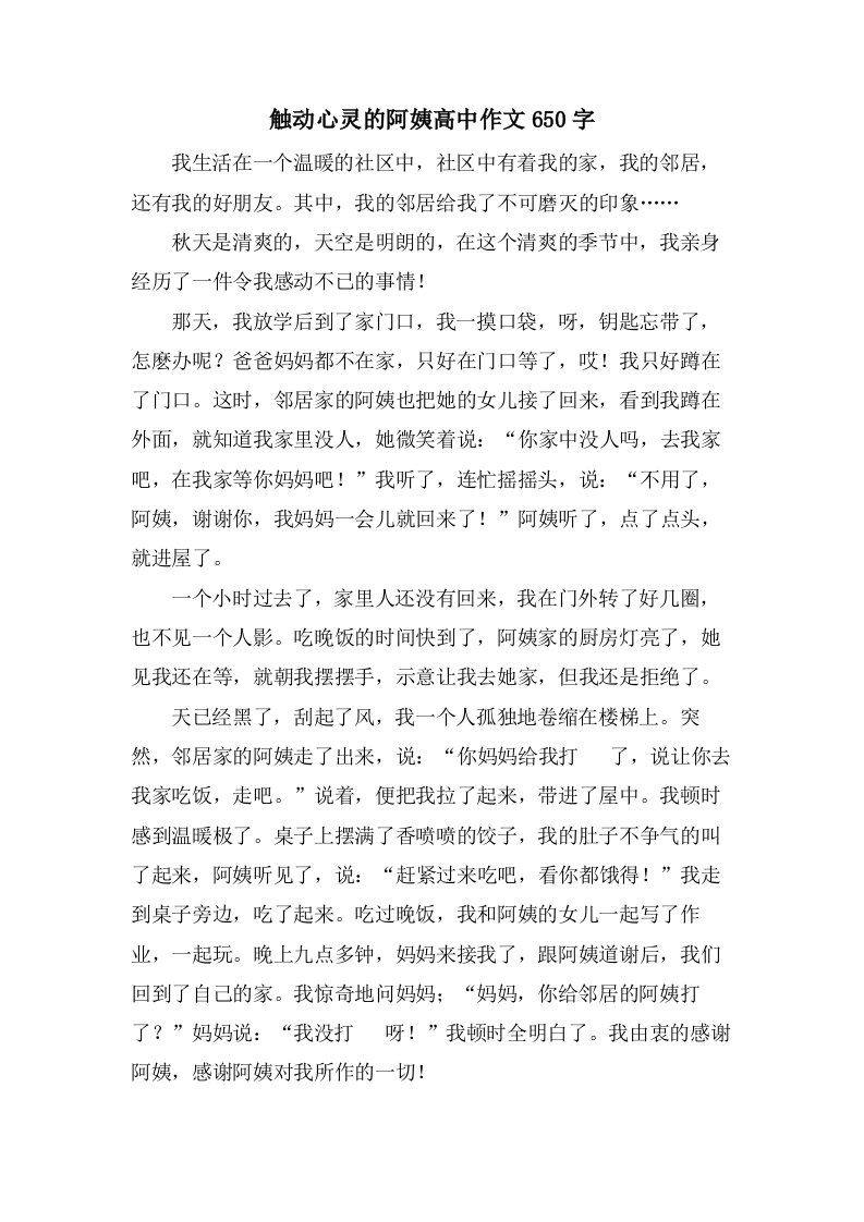 触动心灵的阿姨高中作文650字