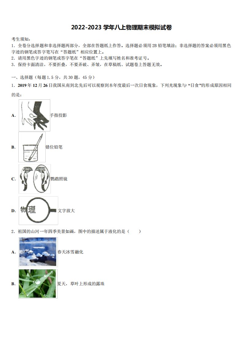 2023学年物理八年级上册期末教学质量检测模拟试题含解析