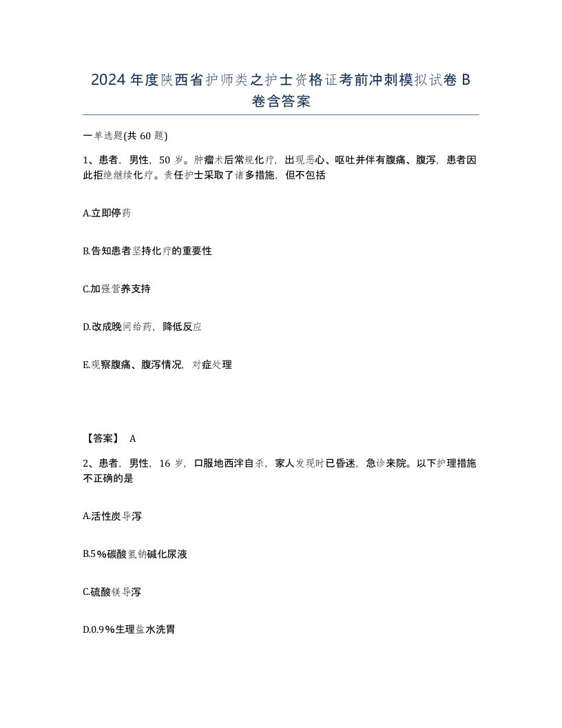 2024年度陕西省护师类之护士资格证考前冲刺模拟试卷B卷含答案