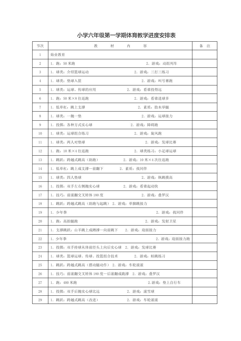 小学六年级第一学期体育教学进度安排表