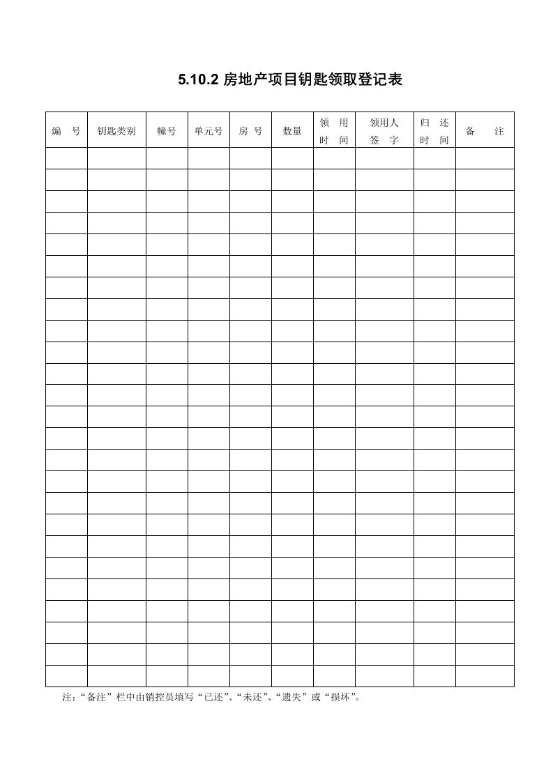 房地产项目管理-5102房地产项目钥匙领取登记表