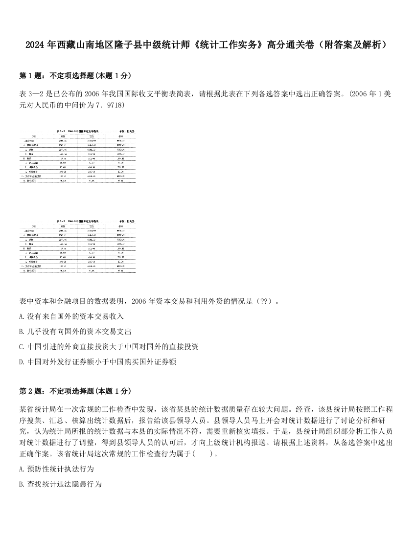 2024年西藏山南地区隆子县中级统计师《统计工作实务》高分通关卷（附答案及解析）