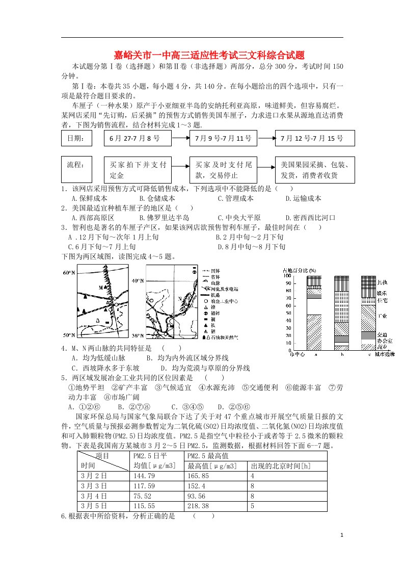 甘肃省嘉峪关一中高三文综下学期适应性考试试题（三）