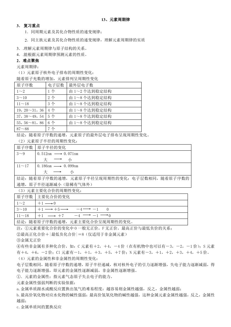 高考考点完全解读练习答案13、元素周期律