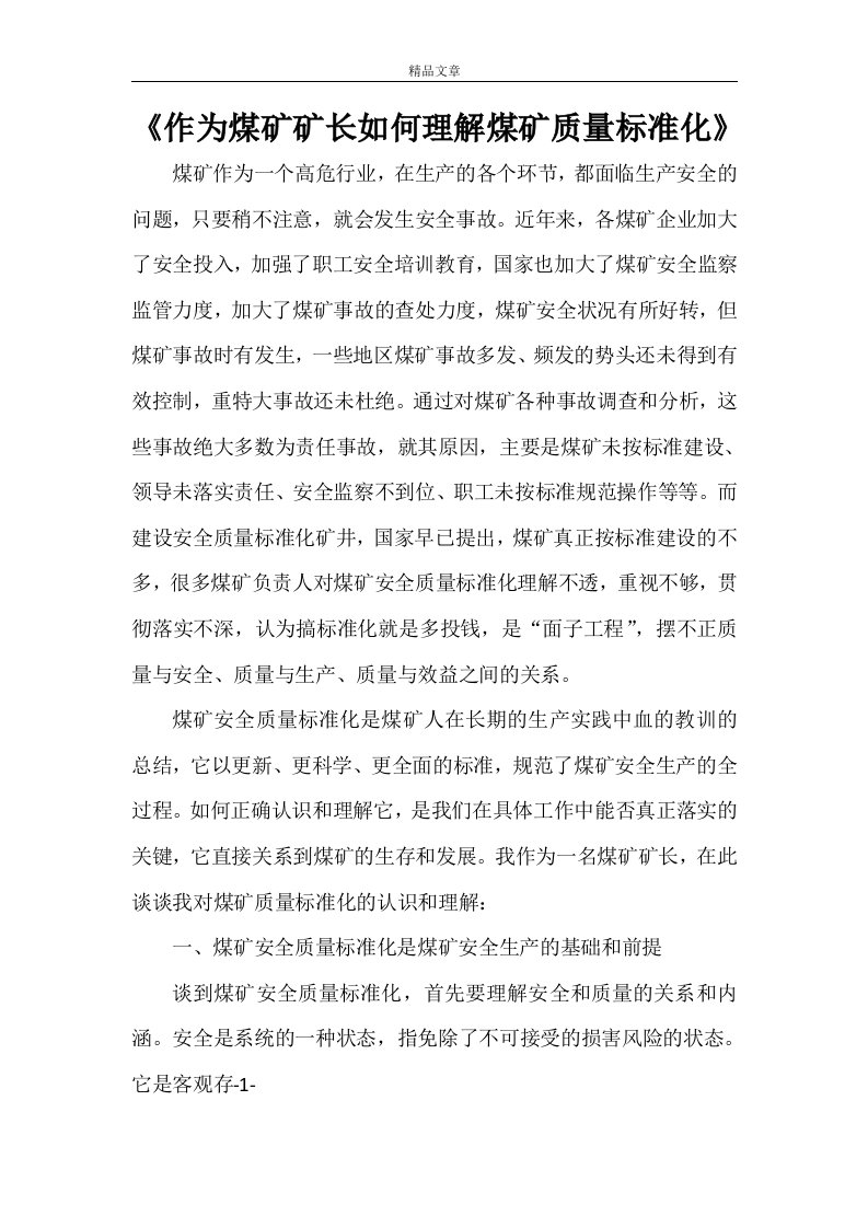 《作为煤矿矿长如何理解煤矿质量标准化》