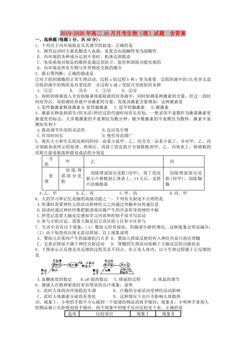 2019-2020年高二10月月考生物（理）试题