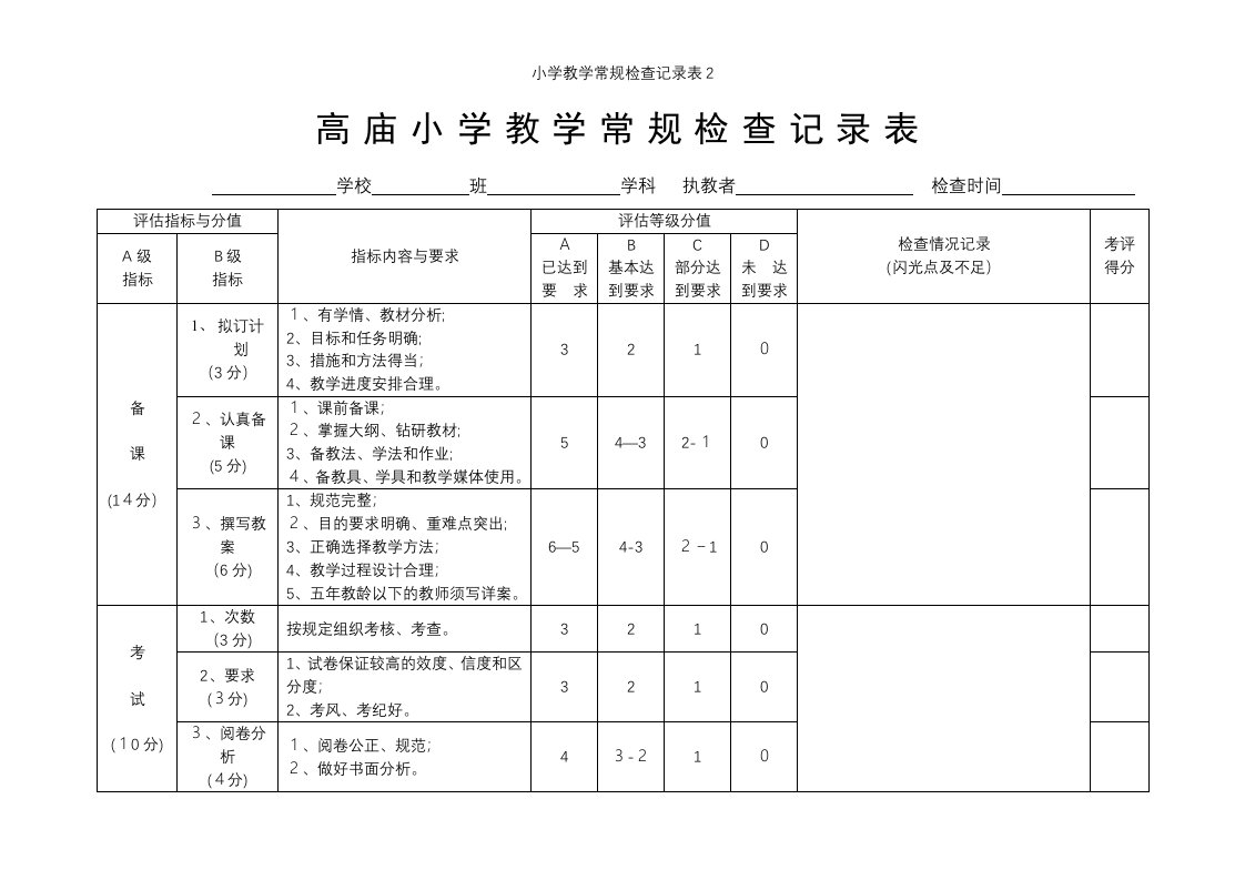 小学教学常规检查记录表2