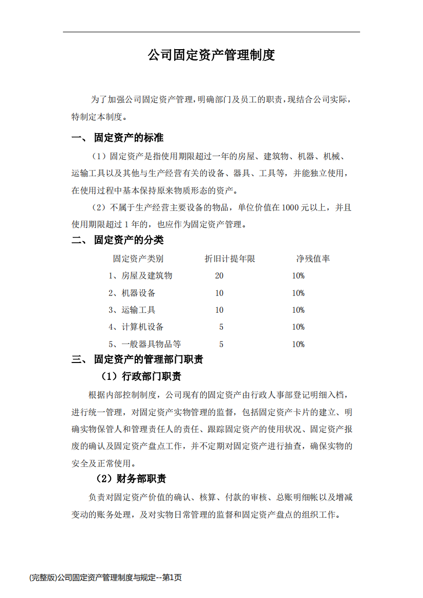 (完整版)公司固定资产管理制度与规定