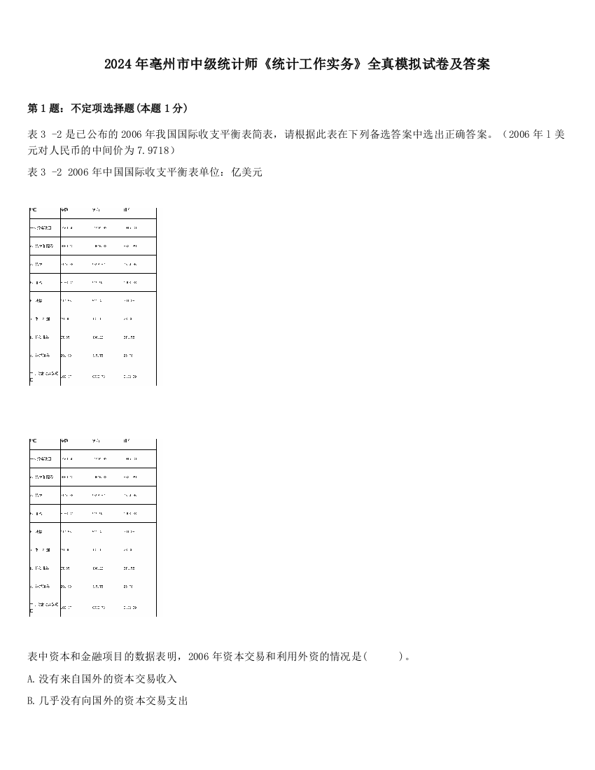 2024年亳州市中级统计师《统计工作实务》全真模拟试卷及答案