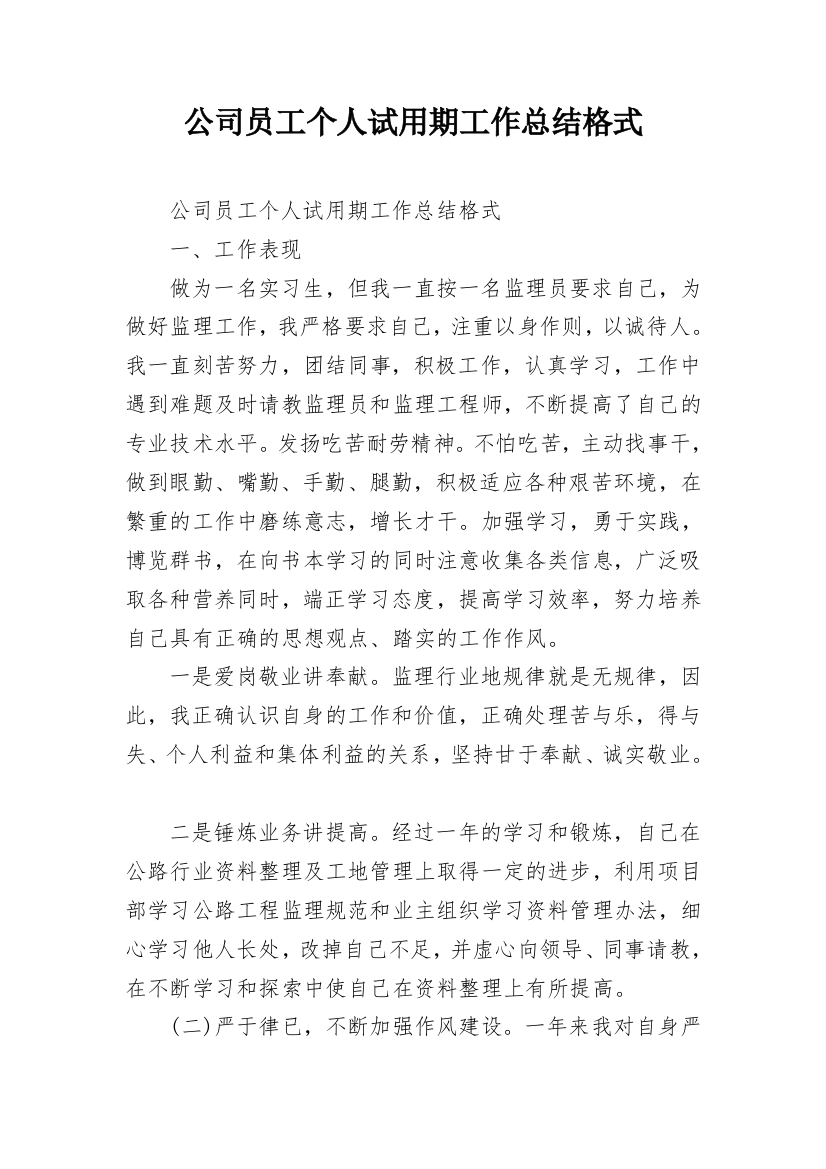 公司员工个人试用期工作总结格式