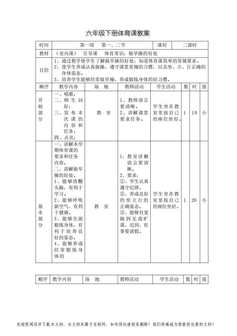 苏教版小学六年级体育下册全册全套教案