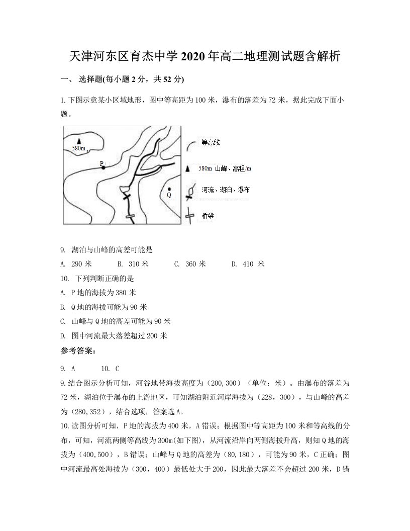 天津河东区育杰中学2020年高二地理测试题含解析