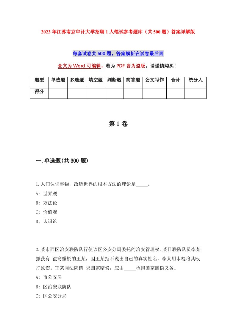 2023年江苏南京审计大学招聘1人笔试参考题库共500题答案详解版