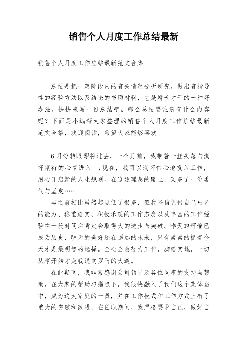 销售个人月度工作总结最新