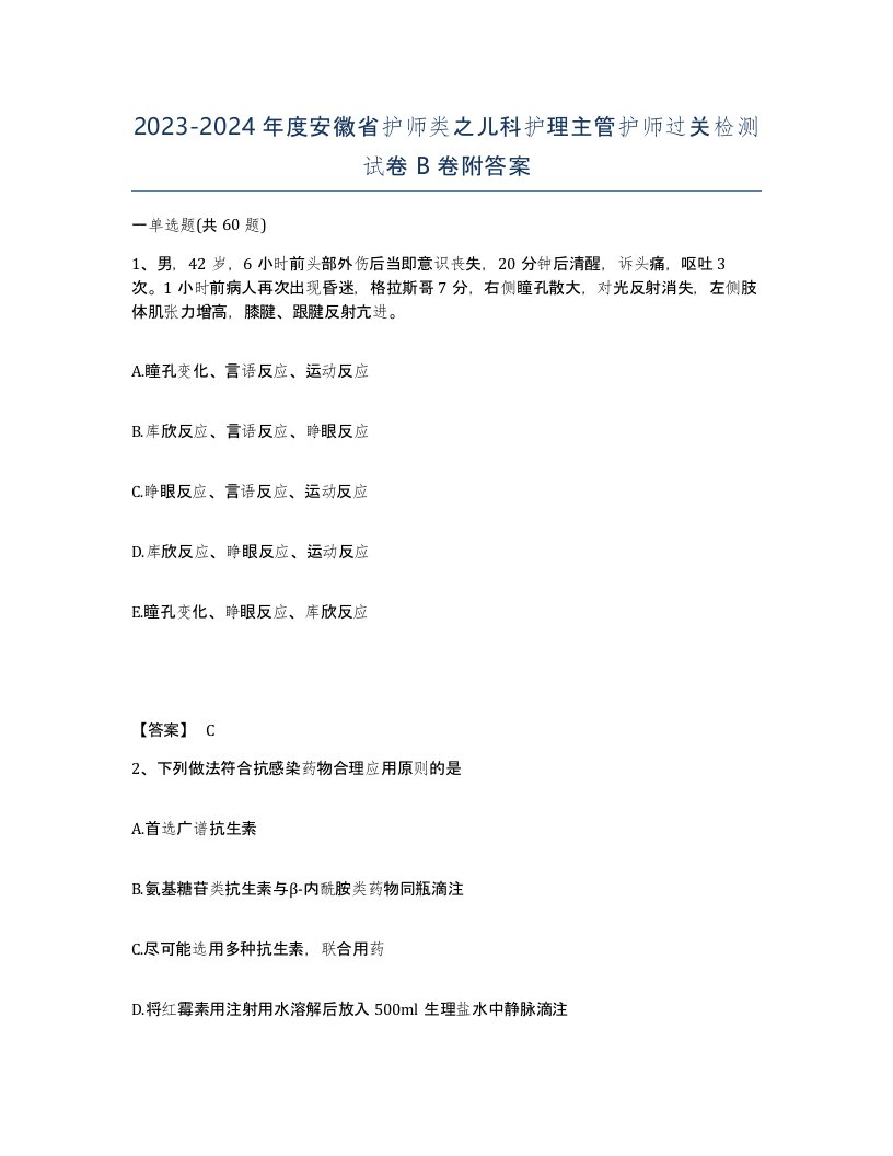 2023-2024年度安徽省护师类之儿科护理主管护师过关检测试卷B卷附答案