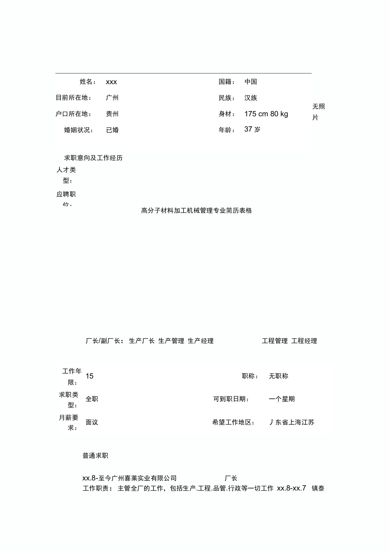 高分子材料加工机械管理专业简历表格