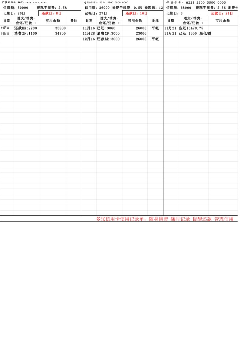 多张信用卡使用管理表