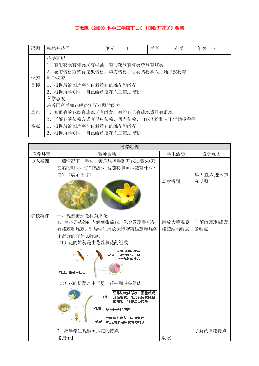 2020新苏教版三年级下册科学：1.3《植物开花了》教案