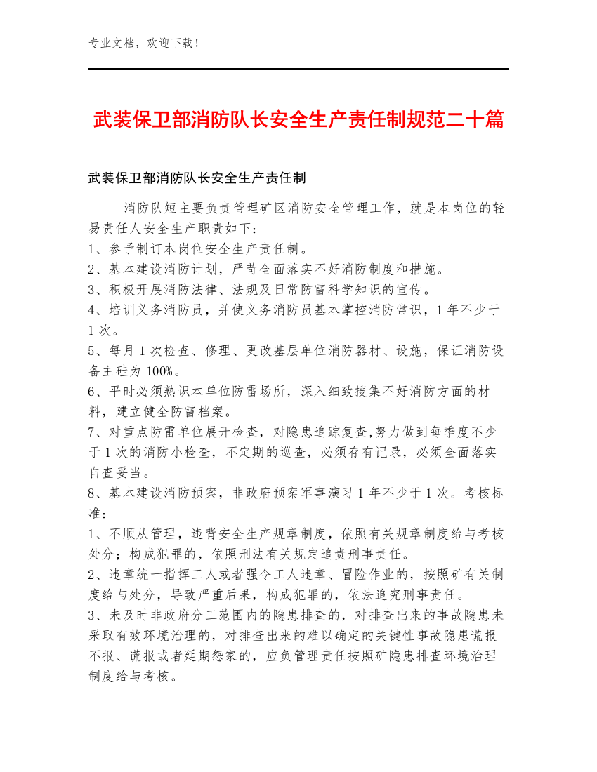 武装保卫部消防队长安全生产责任制规范二十篇