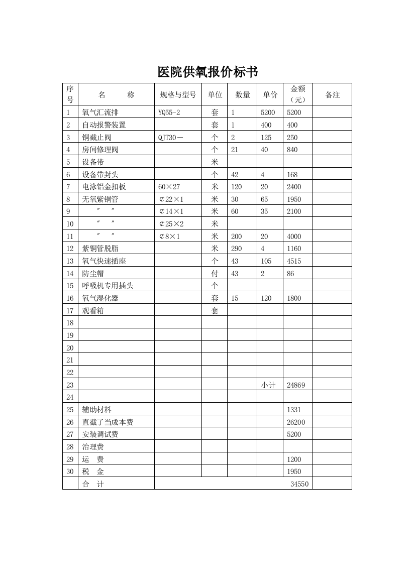 医院供氧报价标书