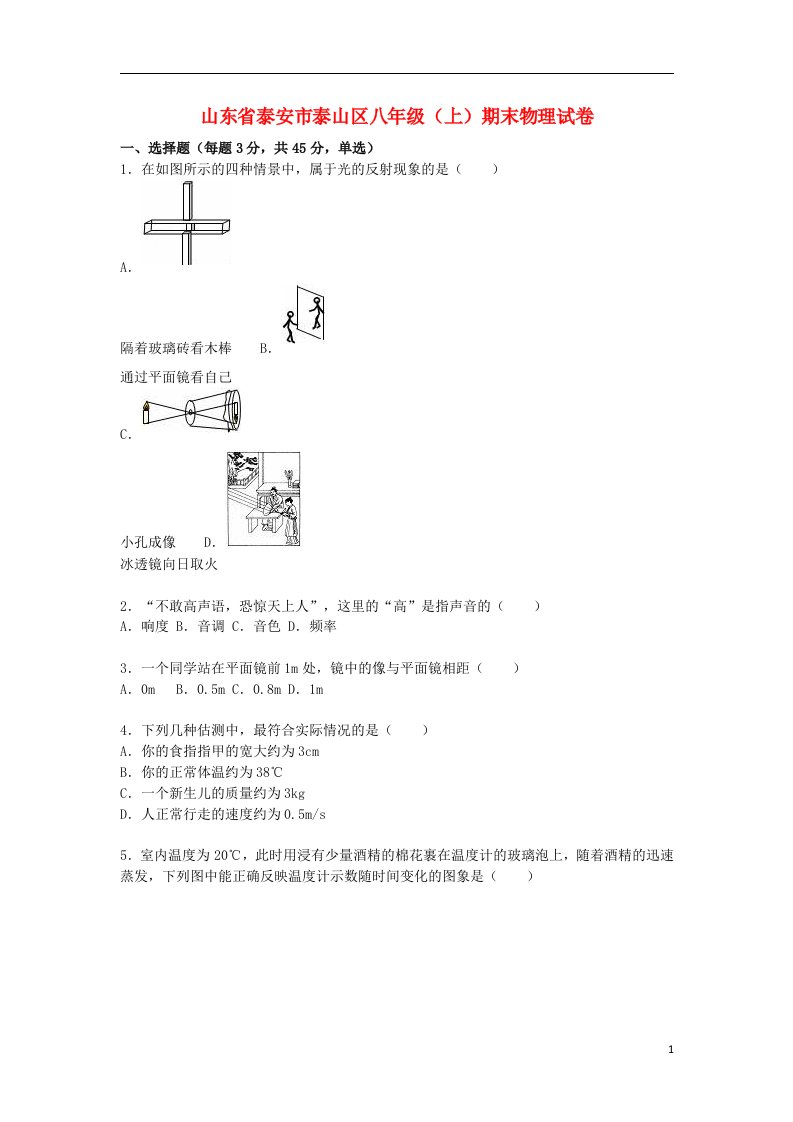 山东省泰安市泰山区八级物理上学期期末试题（含解析）