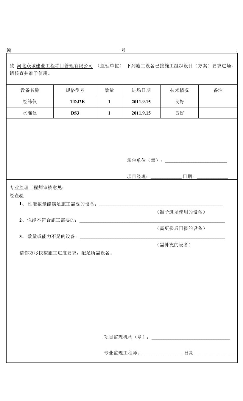 表b15主要施工机械设备报审表【最新资料】