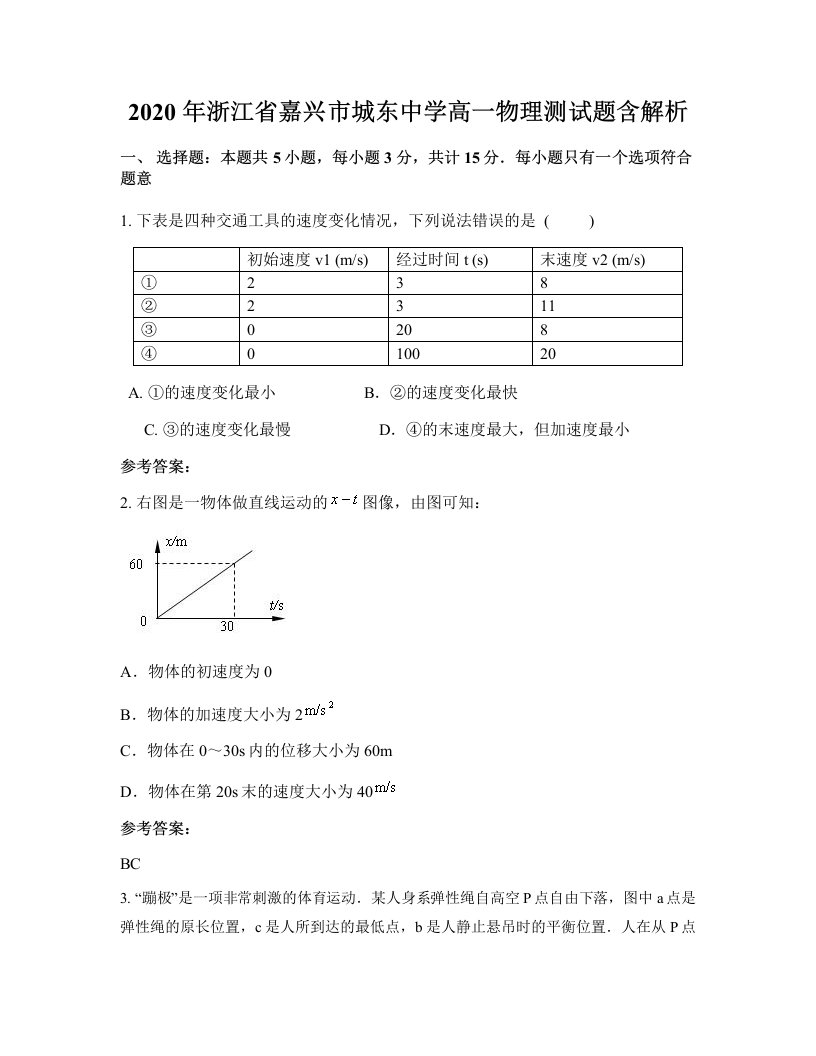 2020年浙江省嘉兴市城东中学高一物理测试题含解析