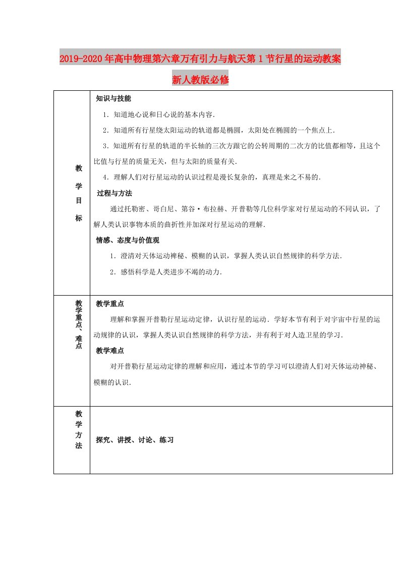 2019-2020年高中物理第六章万有引力与航天第1节行星的运动教案新人教版必修