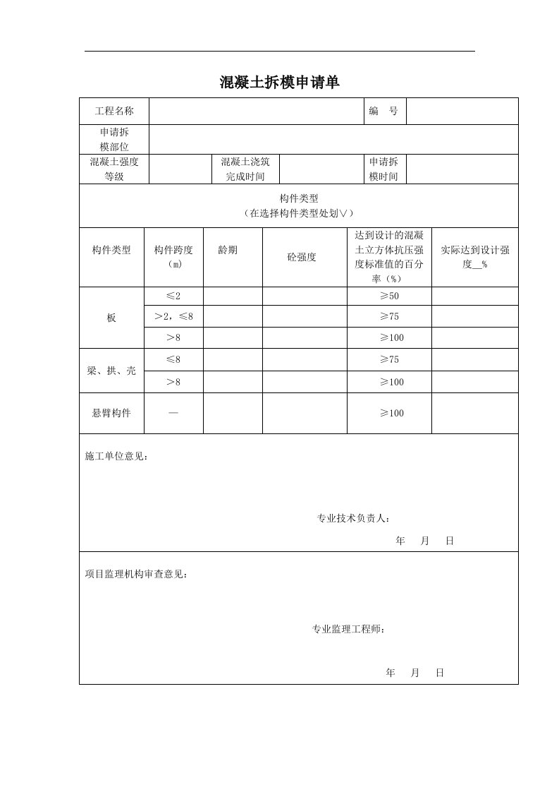 建筑资料-混凝土拆模申请单