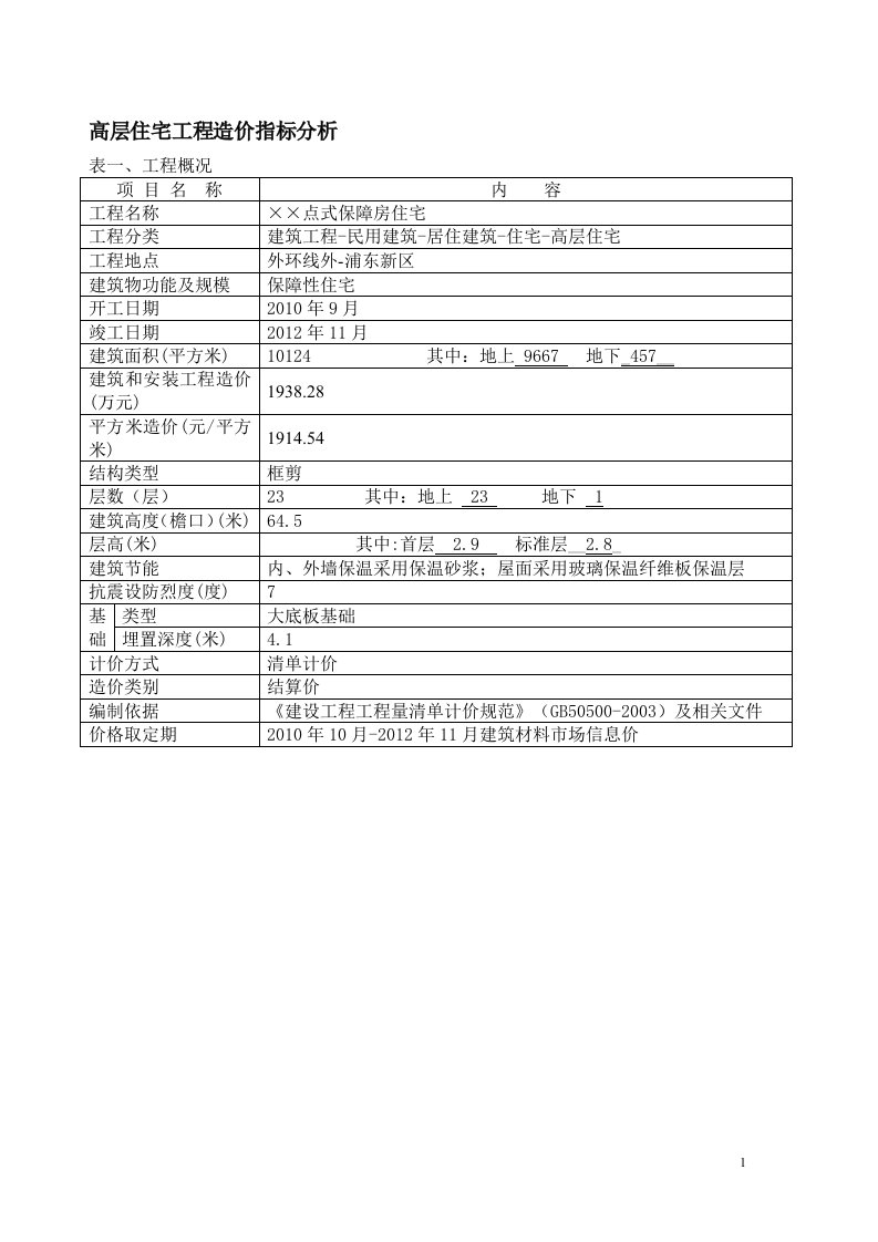 高层住宅工程造价指标分析