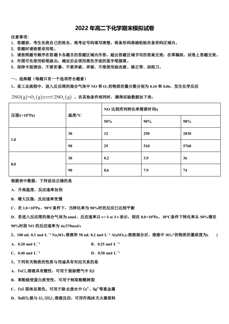 2022届山西省晋城一中高二化学第二学期期末综合测试模拟试题含解析