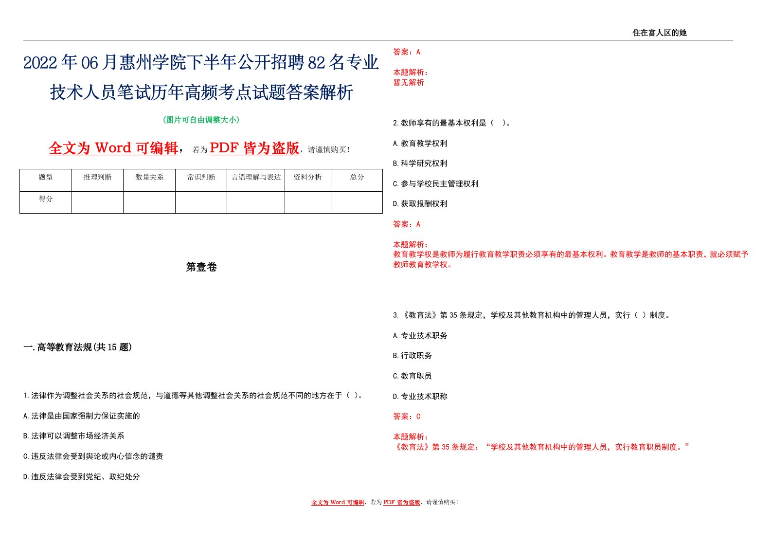 2022年06月惠州学院下半年公开招聘82名专业技术人员笔试历年高频考点试题答案解析