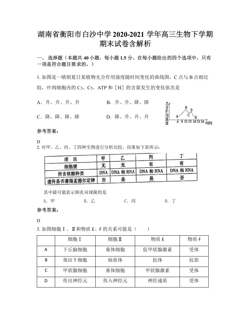 湖南省衡阳市白沙中学2020-2021学年高三生物下学期期末试卷含解析