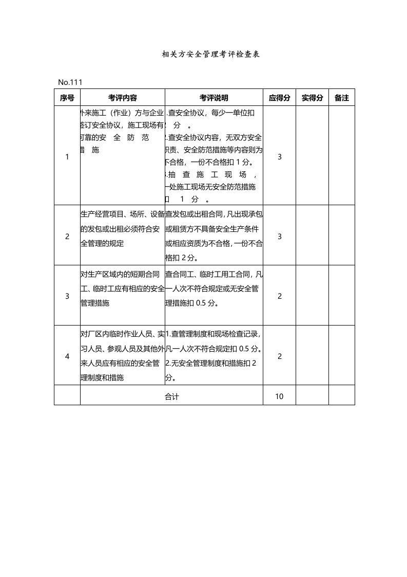 相关方安全管理考评检查表