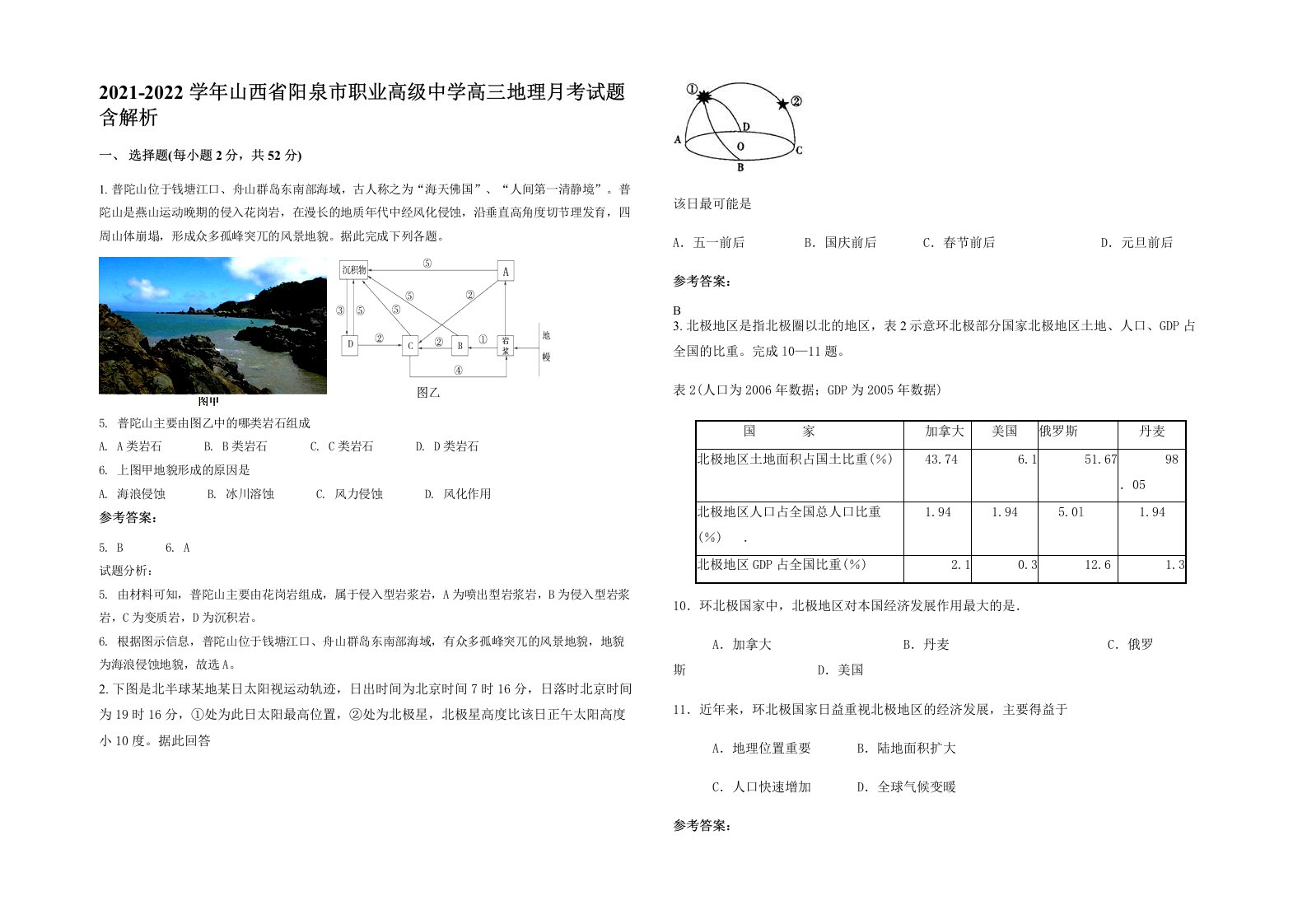 2021-2022学年山西省阳泉市职业高级中学高三地理月考试题含解析