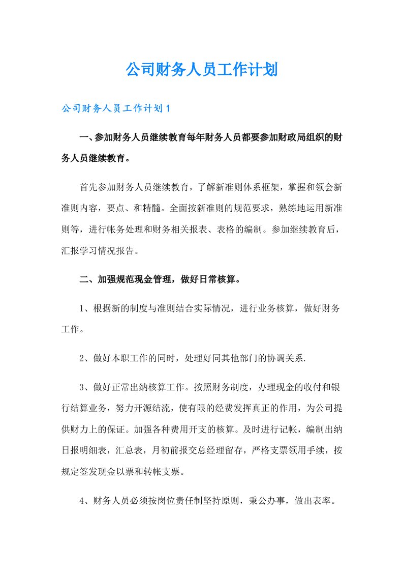 公司财务人员工作计划