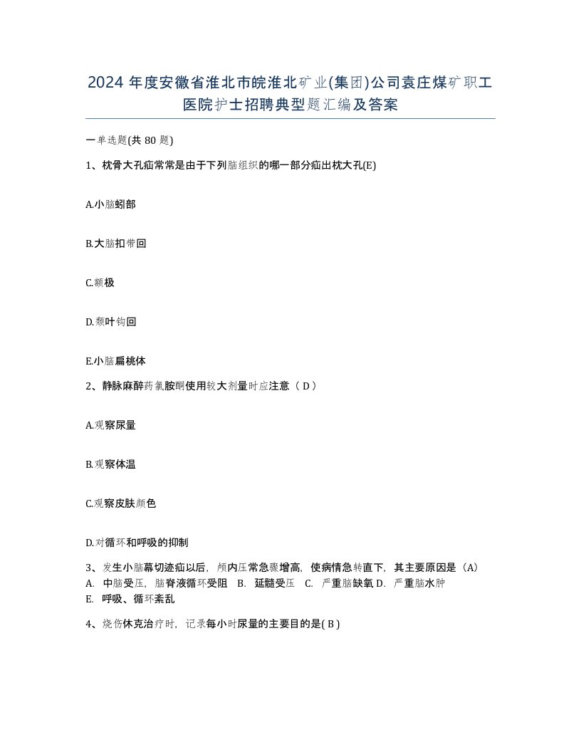 2024年度安徽省淮北市皖淮北矿业集团公司袁庄煤矿职工医院护士招聘典型题汇编及答案