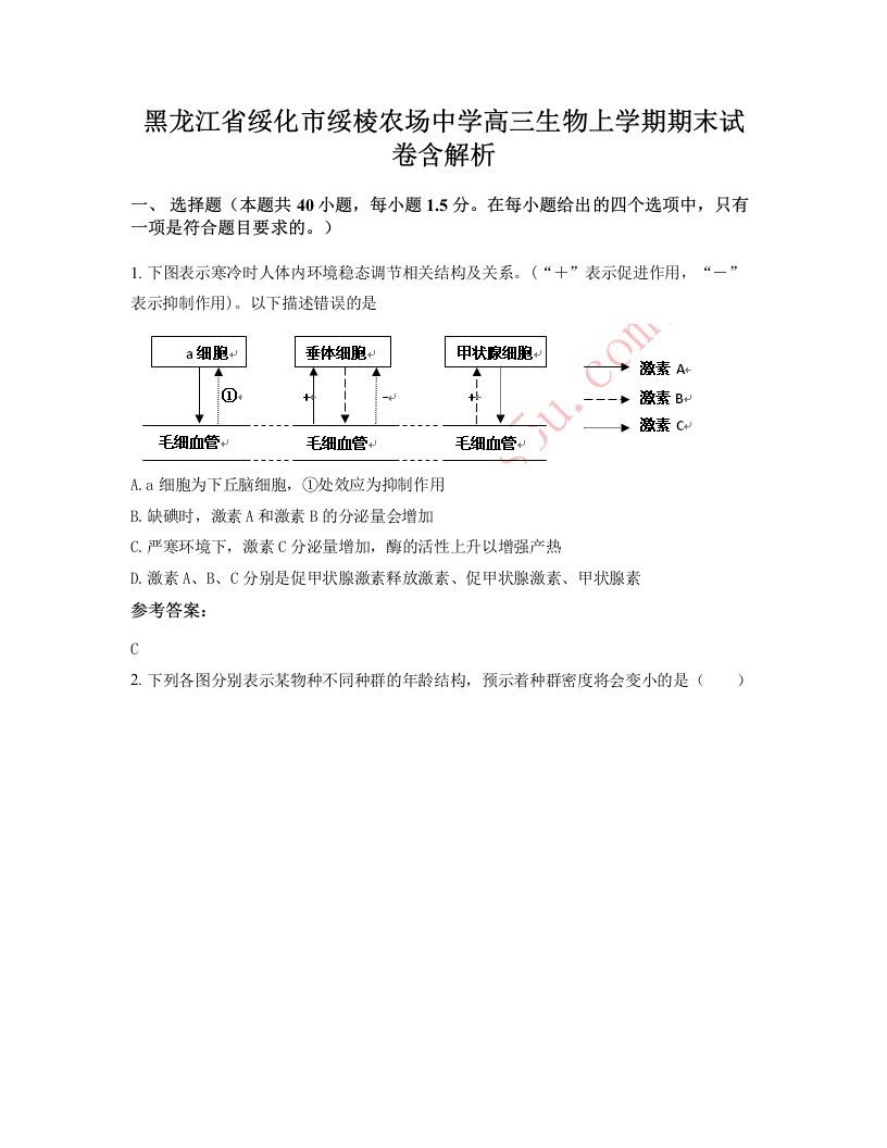 黑龙江省绥化市绥棱农场中学高三生物上学期期末试卷含解析