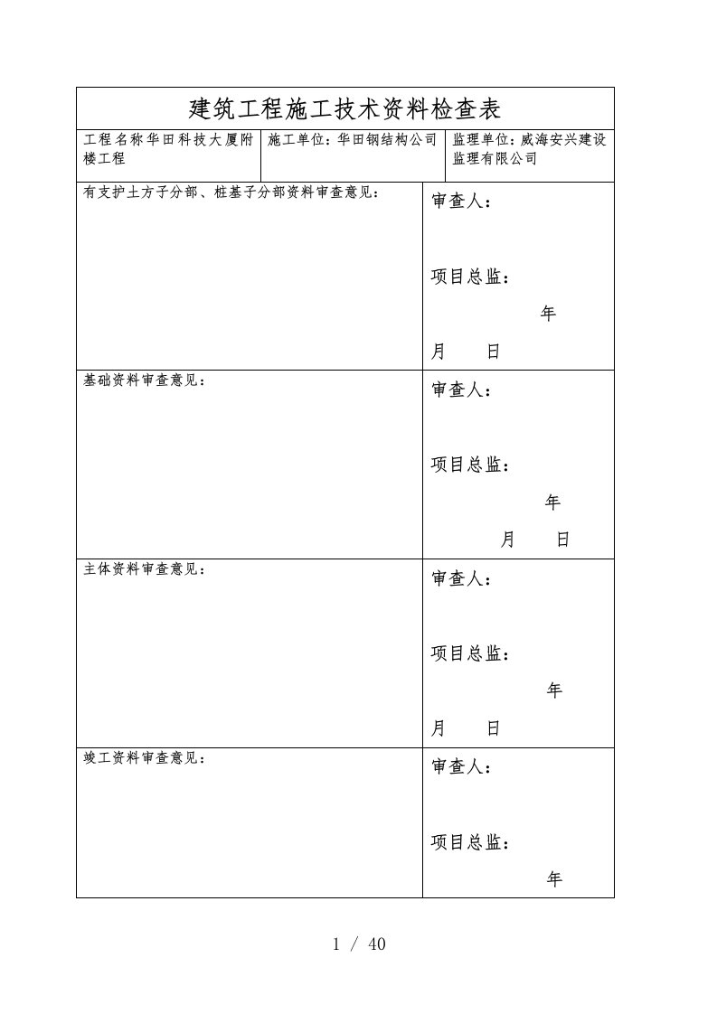 建筑工程施工技术文件检查表