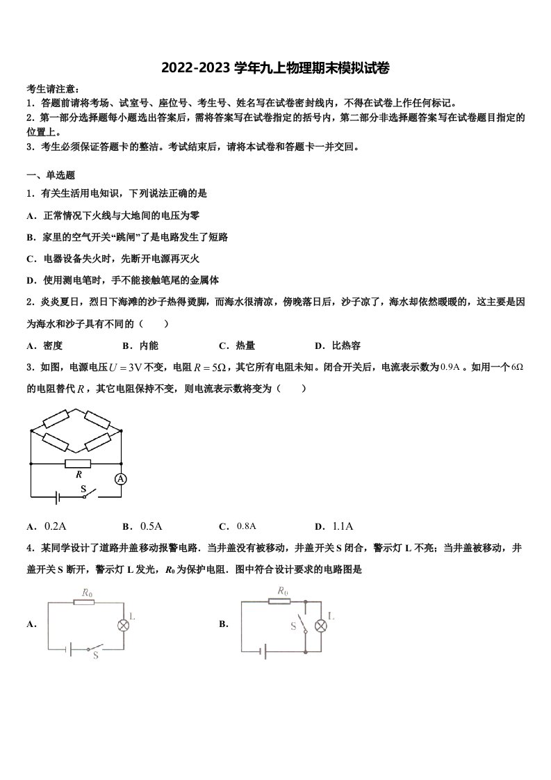 2023届浙江省绍兴市海亮九年级物理第一学期期末达标检测模拟试题含解析