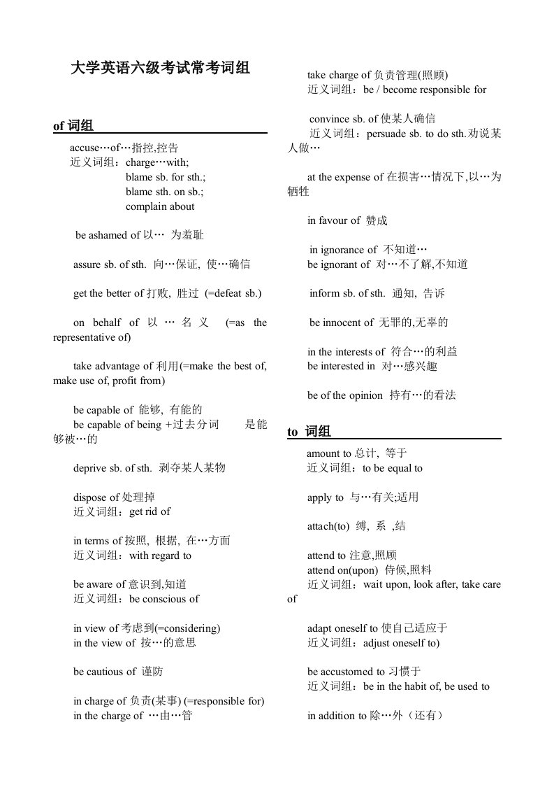 大学英语六级考试常考词组