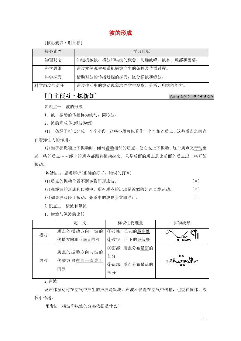 2021_2022学年新教材高中物理第3章机械波1波的形成学案新人教版选择性必修第一册20210626262