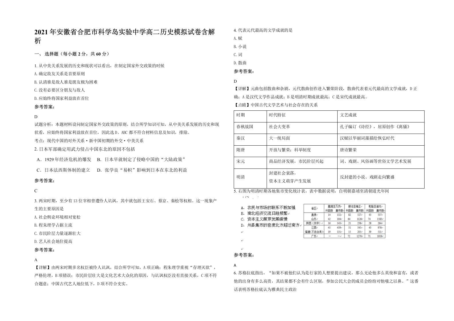 2021年安徽省合肥市科学岛实验中学高二历史模拟试卷含解析