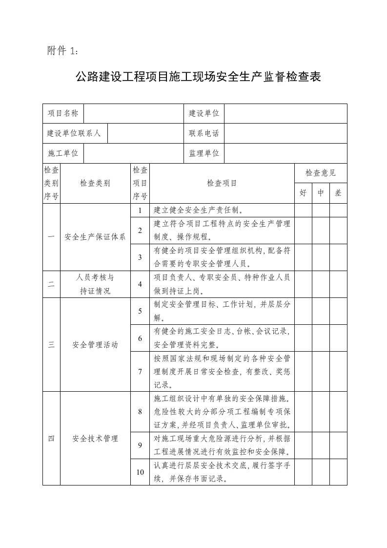 公路工程安全生产检查记录表