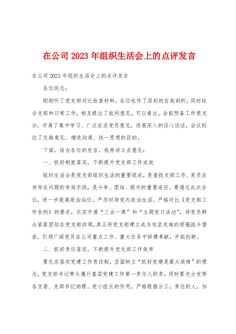 在公司2023年组织生活会上的点评发言