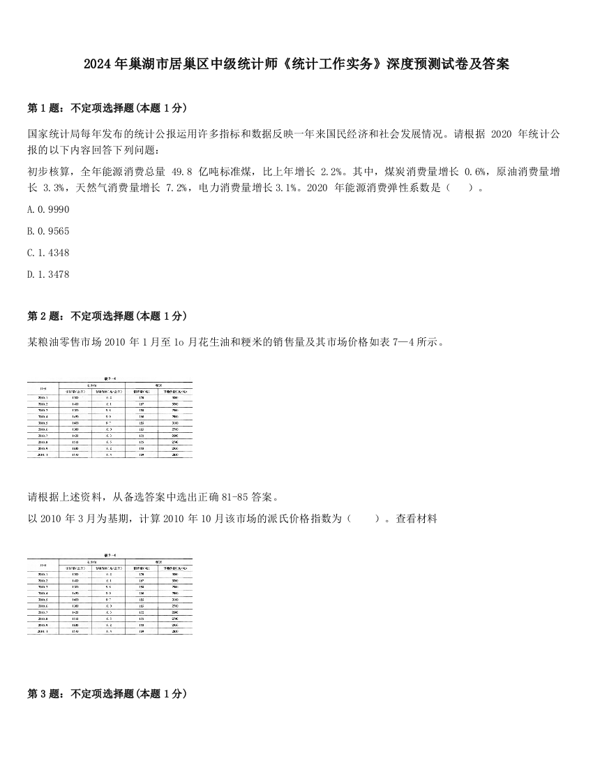 2024年巢湖市居巢区中级统计师《统计工作实务》深度预测试卷及答案