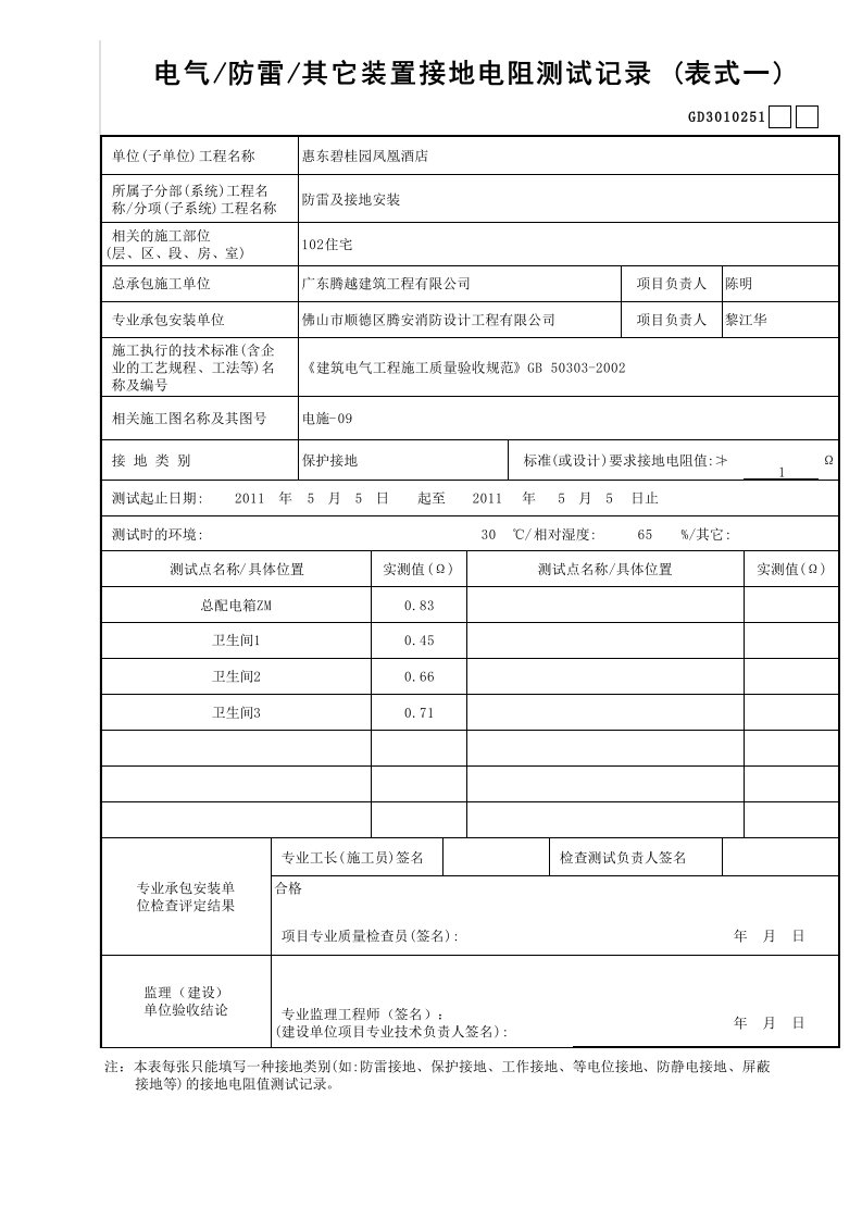 防雷装置接地电阻测试记录表式三(强烈推荐)