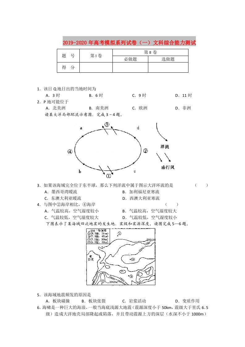 2019-2020年高考模拟系列试卷（一）文科综合能力测试